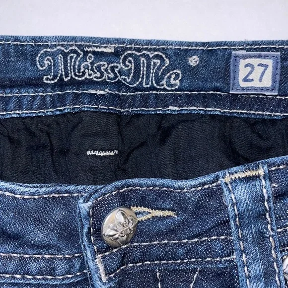 MISS ME 27 Signature Boot-cut distressed 5 Pocket Jeans Low Rise Factory Fading - Picture 4 of 16